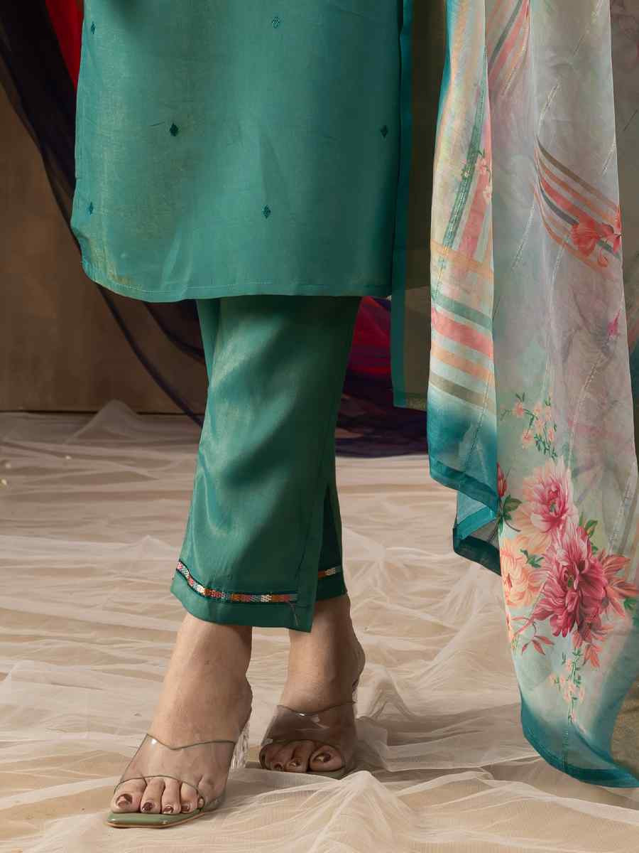Teal Blue Shimmer Gold Silk Embroidered Party Wedding Ready Pant Salwar Kameez