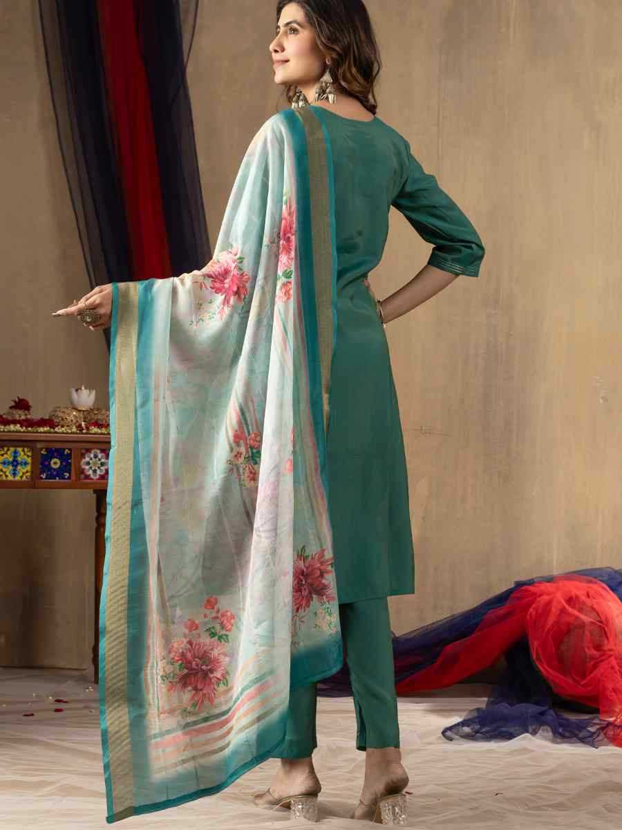 Teal Blue Shimmer Gold Silk Embroidered Party Wedding Ready Pant Salwar Kameez