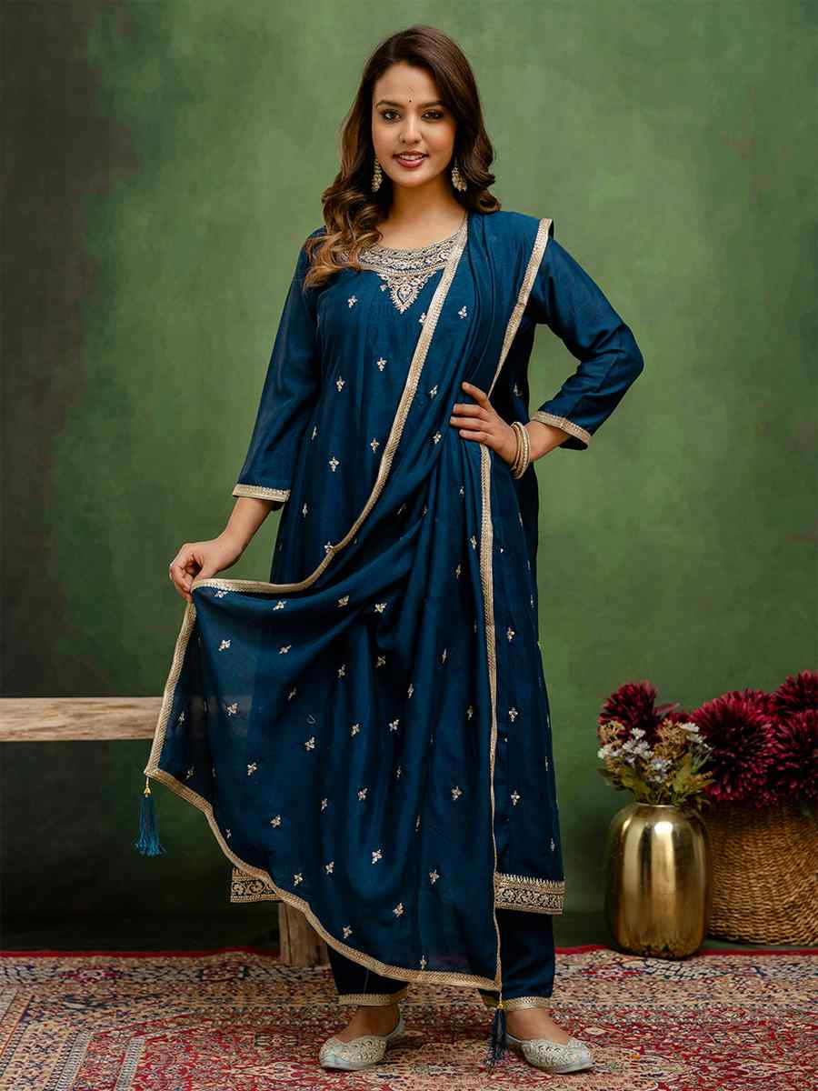 Teal Blue Silk Blend Embroidery Party Wedding Festival Casual Ready Pant Salwar Kameez