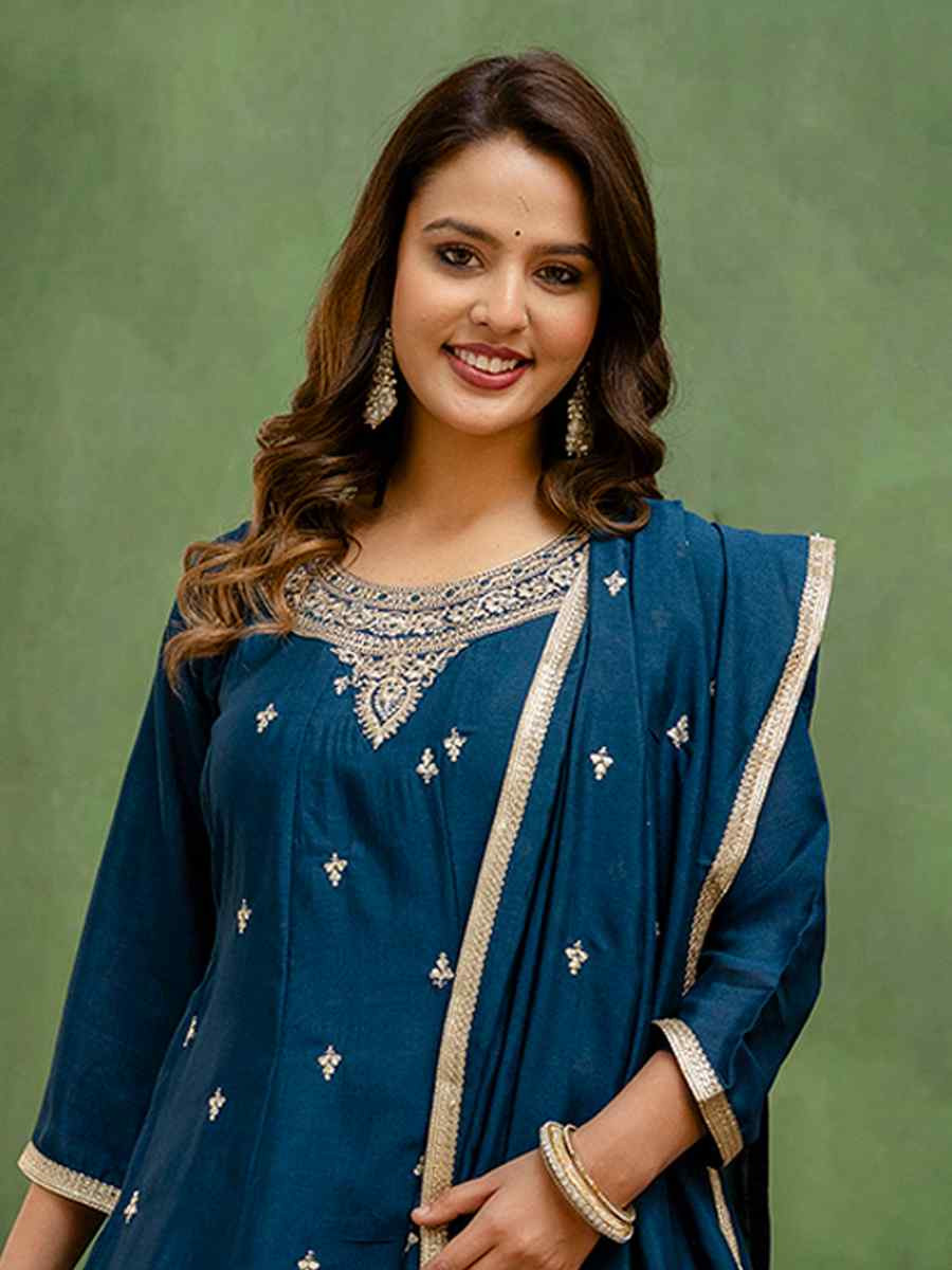 Teal Blue Silk Blend Embroidery Party Wedding Festival Casual Ready Pant Salwar Kameez
