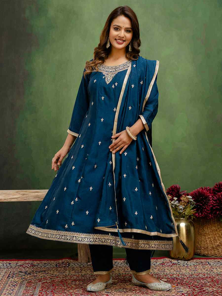 Teal Blue Silk Blend Embroidery Party Wedding Festival Casual Ready Pant Salwar Kameez