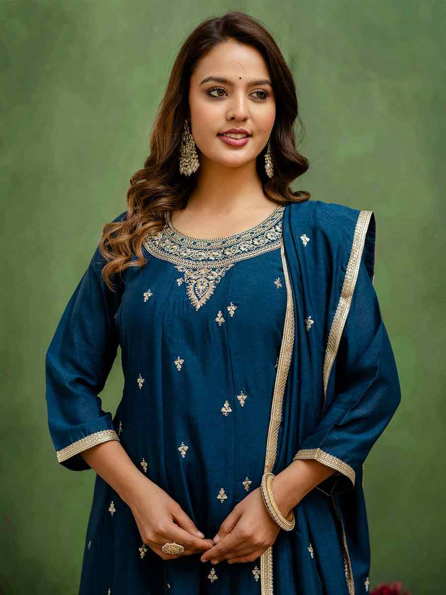 Teal Blue Silk Blend Embroidery Party Wedding Festival Casual Ready Pant Salwar Kameez