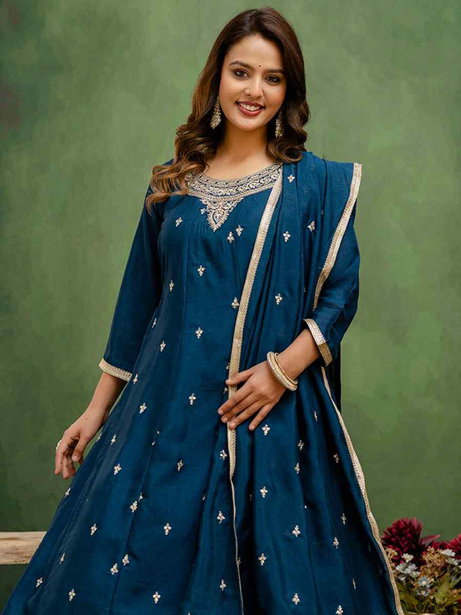 Teal Blue Silk Blend Embroidery Party Wedding Festival Casual Ready Pant Salwar Kameez