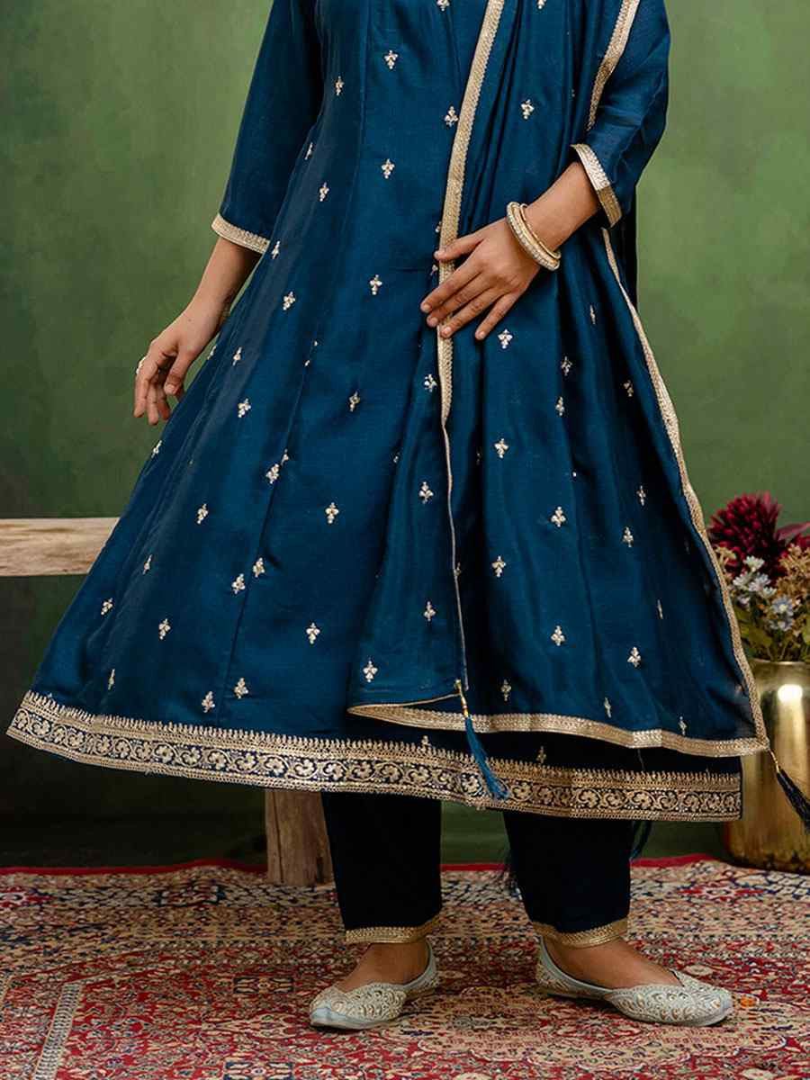 Teal Blue Silk Blend Embroidery Party Wedding Festival Casual Ready Pant Salwar Kameez