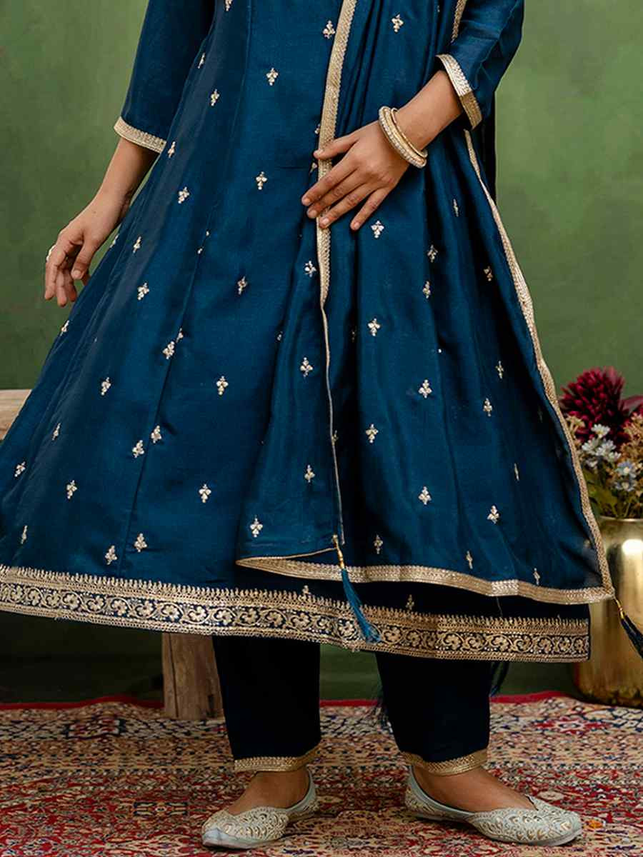 Teal Blue Silk Blend Embroidery Party Wedding Festival Casual Ready Pant Salwar Kameez