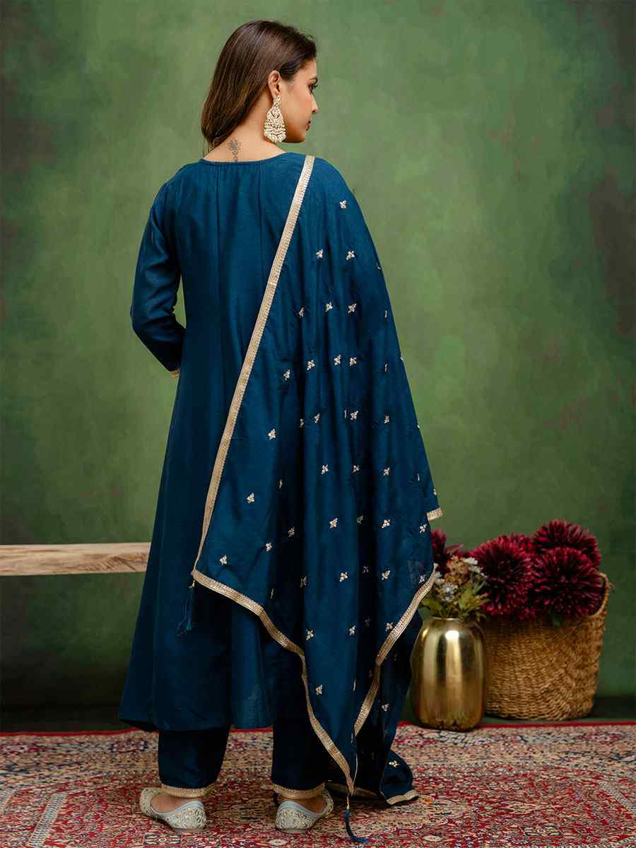 Teal Blue Silk Blend Embroidery Party Wedding Festival Casual Ready Pant Salwar Kameez