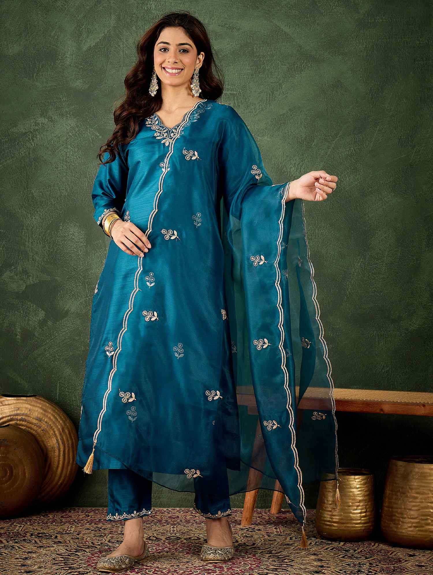 Teal Blue Silk Blend Embroidery Party Wedding Festival Casual Ready Pant Salwar Kameez
