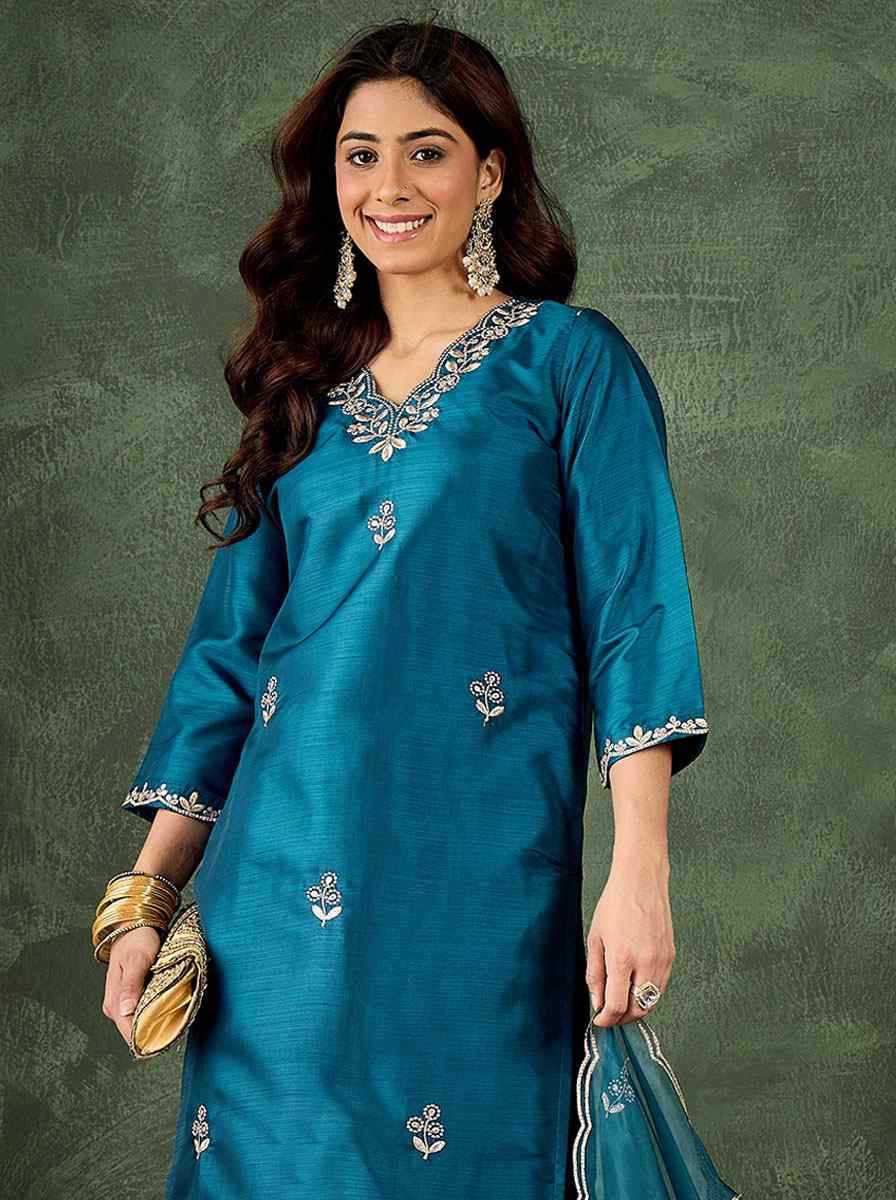 Teal Blue Silk Blend Embroidery Party Wedding Festival Casual Ready Pant Salwar Kameez