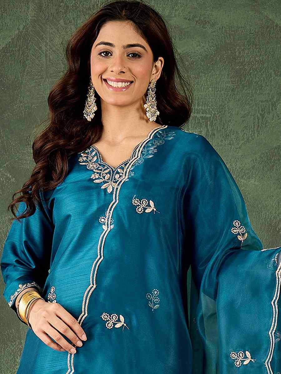 Teal Blue Silk Blend Embroidery Party Wedding Festival Casual Ready Pant Salwar Kameez