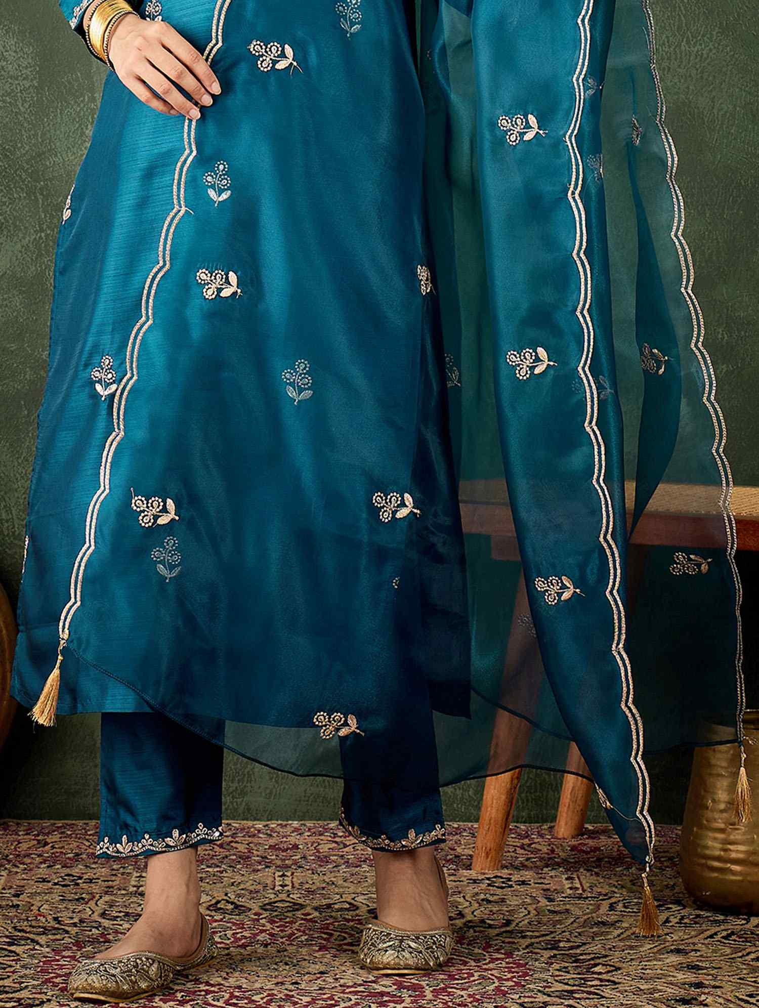 Teal Blue Silk Blend Embroidery Party Wedding Festival Casual Ready Pant Salwar Kameez