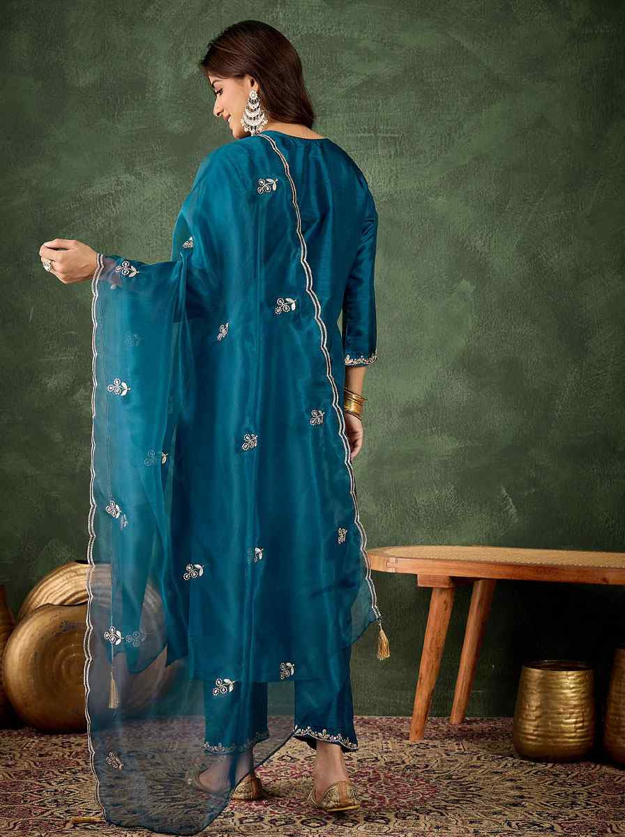 Teal Blue Silk Blend Embroidery Party Wedding Festival Casual Ready Pant Salwar Kameez
