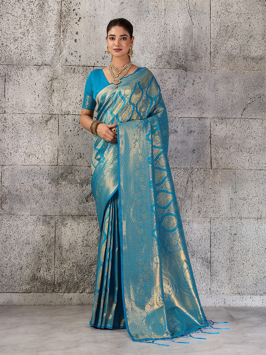 Teal Blue Silk Blend Kanjivaram Wedding Reception Party Festival Casual Heavy Border Sarees