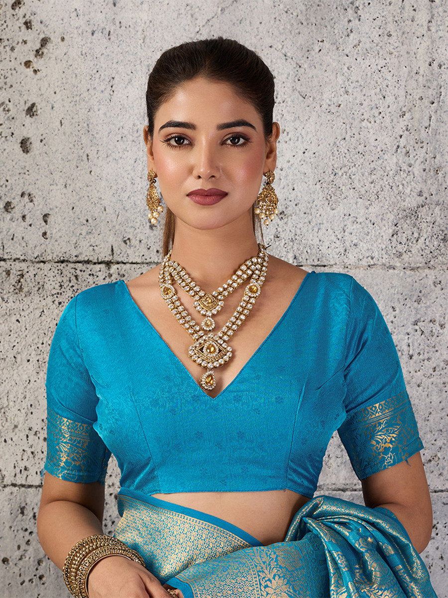 Teal Blue Silk Blend Kanjivaram Wedding Reception Party Festival Casual Heavy Border Sarees