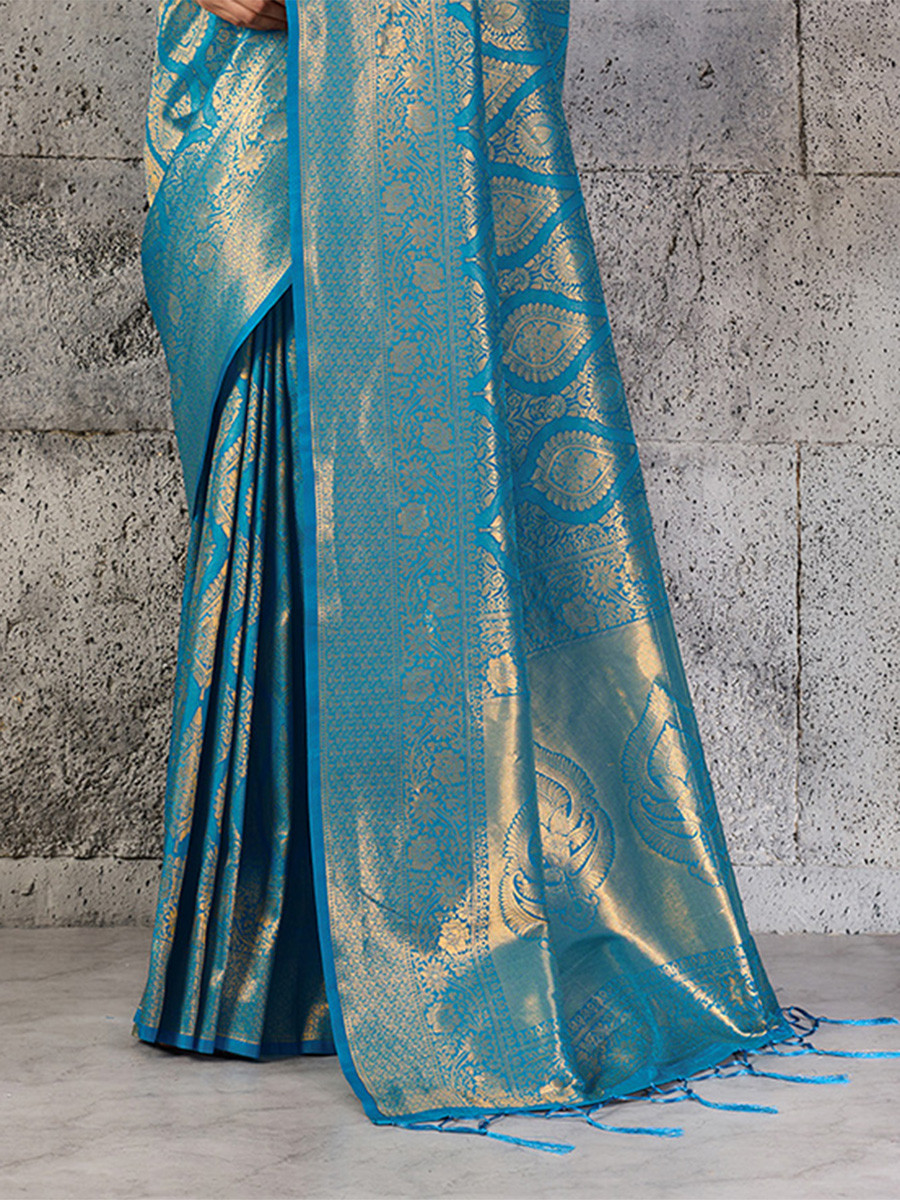 Teal Blue Silk Blend Kanjivaram Wedding Reception Party Festival Casual Heavy Border Sarees