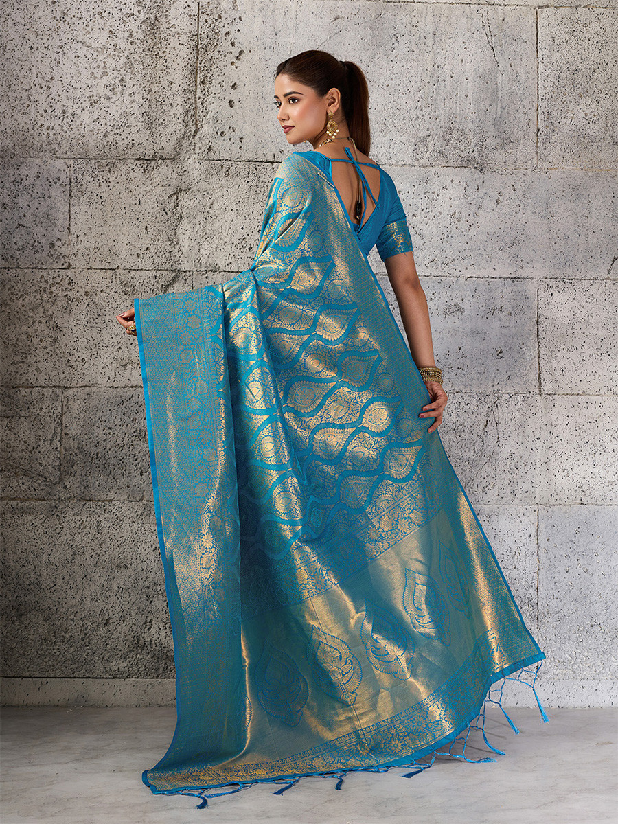 Teal Blue Silk Blend Kanjivaram Wedding Reception Party Festival Casual Heavy Border Sarees