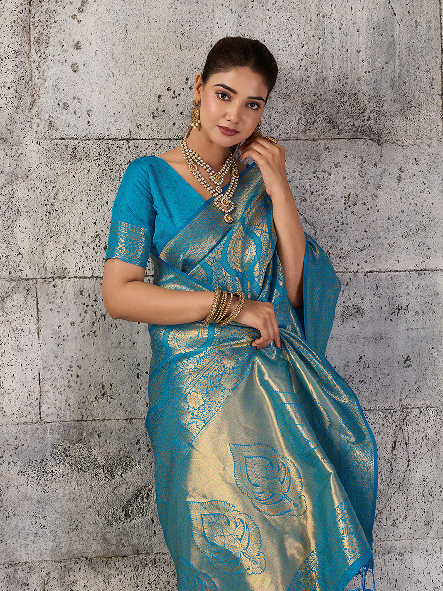 Teal Blue Silk Blend Kanjivaram Wedding Reception Party Festival Casual Heavy Border Sarees
