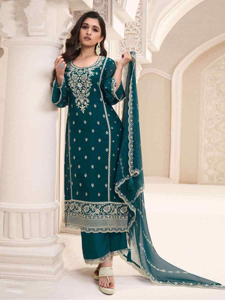 Teal Blue Silk Chiffon Embroidered Festival Wedding Pant Salwar Kameez