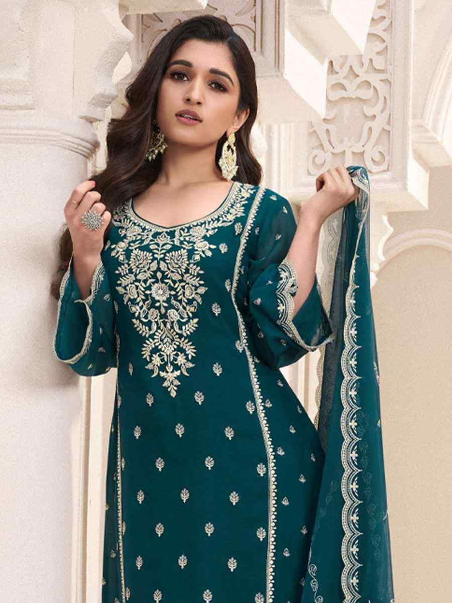 Teal Blue Silk Chiffon Embroidered Festival Wedding Pant Salwar Kameez