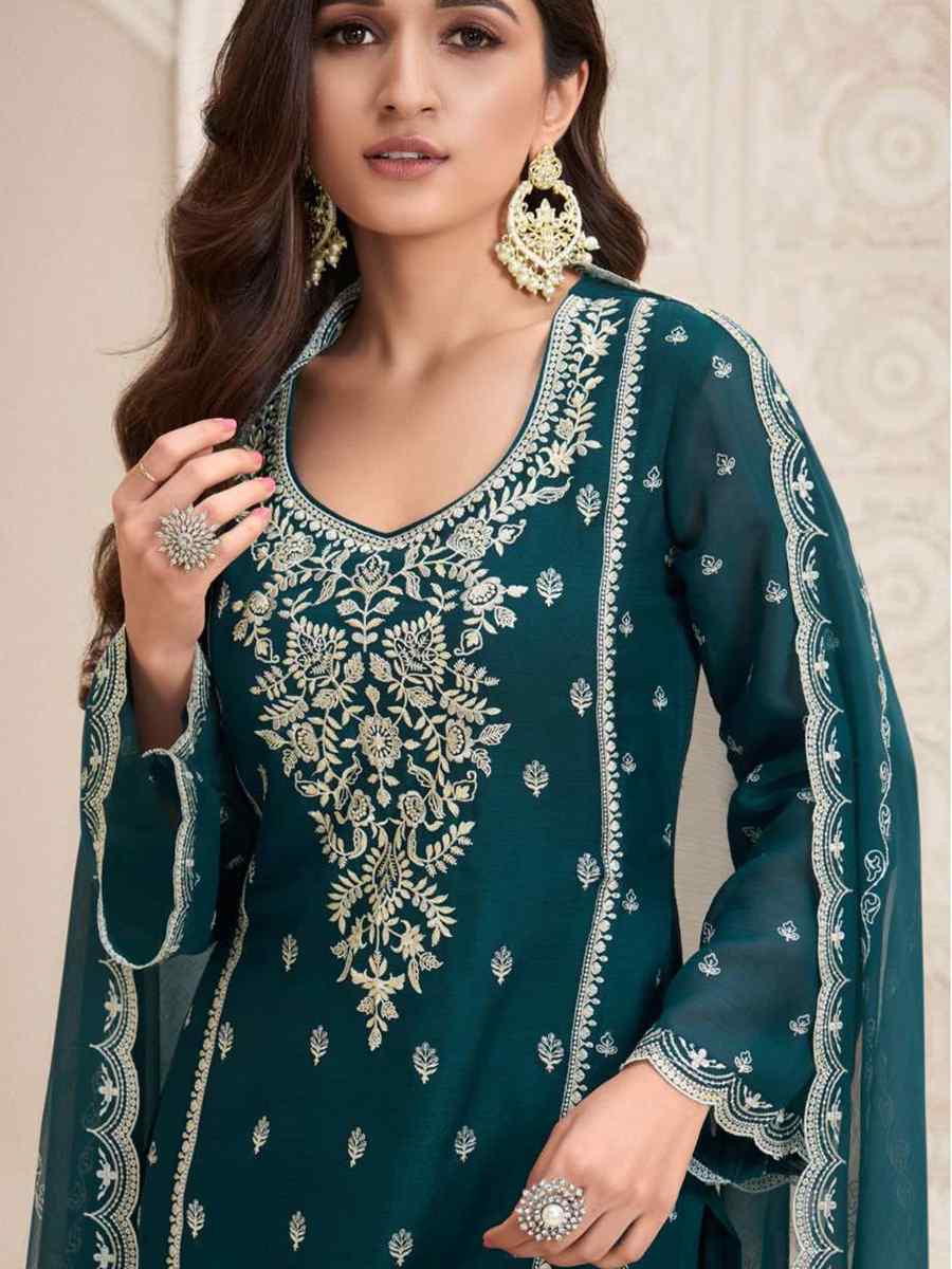 Teal Blue Silk Chiffon Embroidered Festival Wedding Pant Salwar Kameez