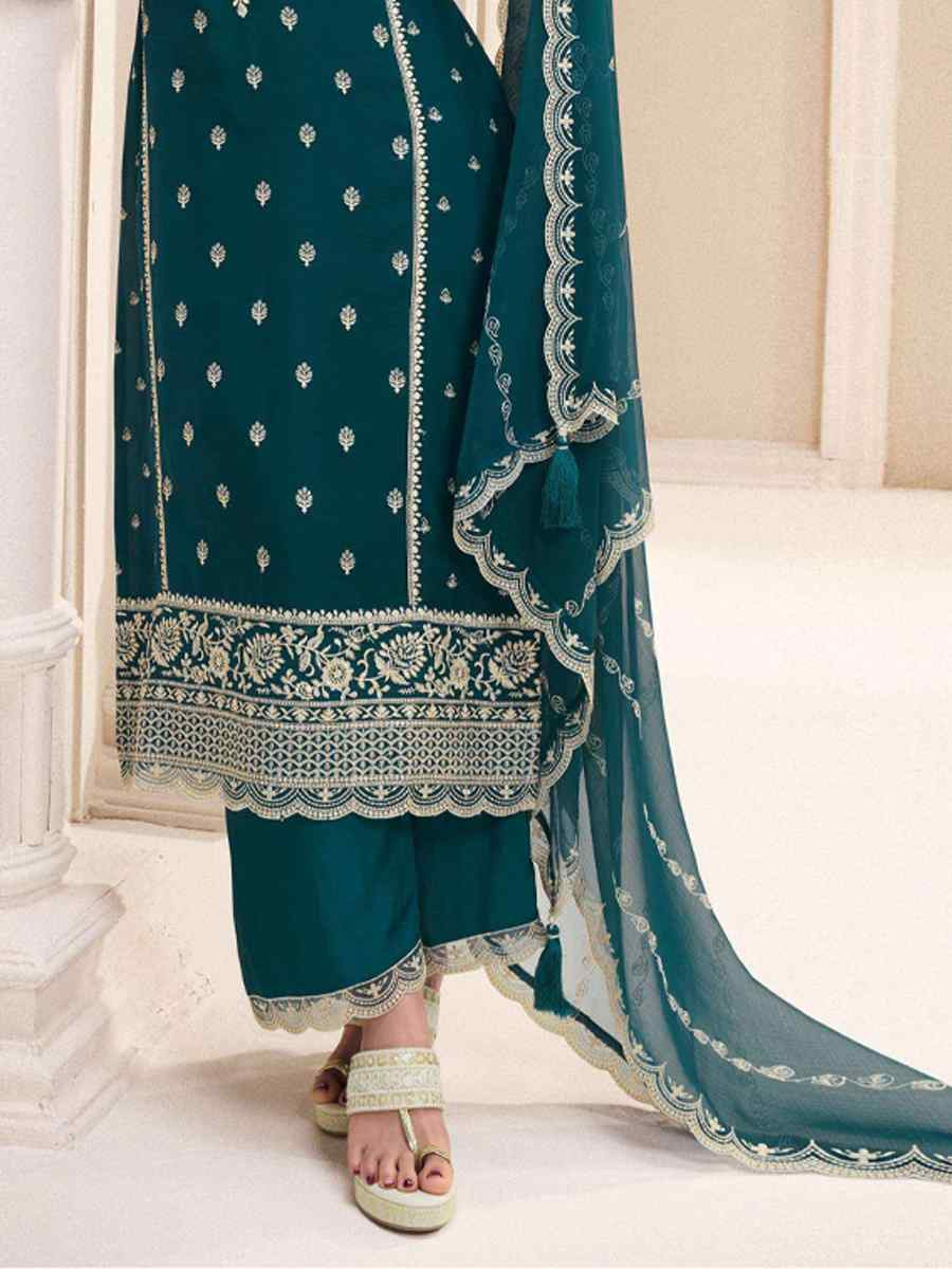 Teal Blue Silk Chiffon Embroidered Festival Wedding Pant Salwar Kameez