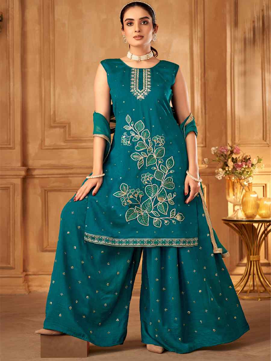 Teal Blue Silk Embroidered Festival Casual Ready Palazzo Pant Salwar Kameez