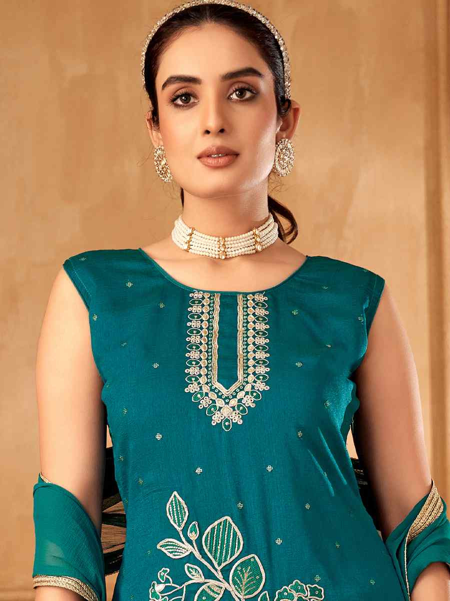 Teal Blue Silk Embroidered Festival Casual Ready Palazzo Pant Salwar Kameez