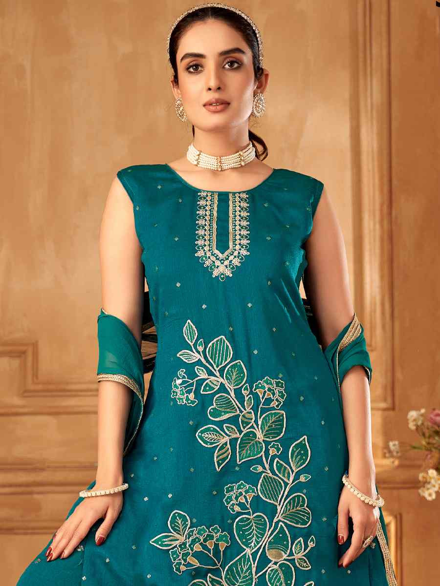Teal Blue Silk Embroidered Festival Casual Ready Palazzo Pant Salwar Kameez