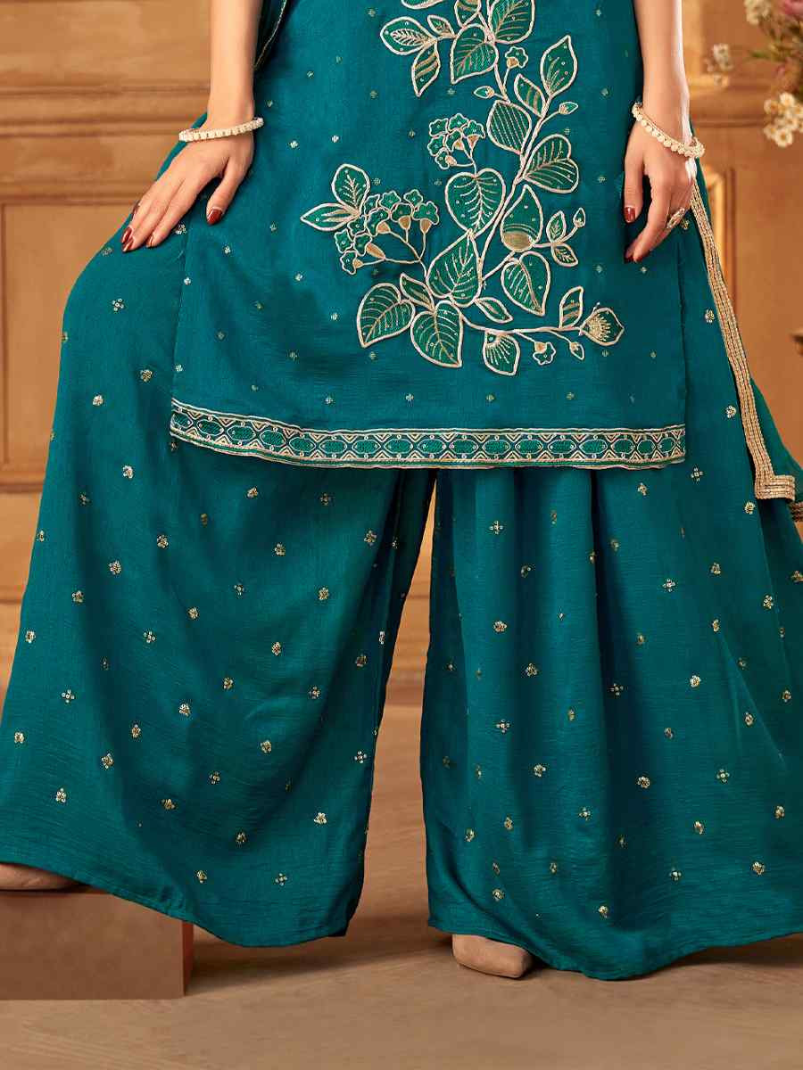 Teal Blue Silk Embroidered Festival Casual Ready Palazzo Pant Salwar Kameez
