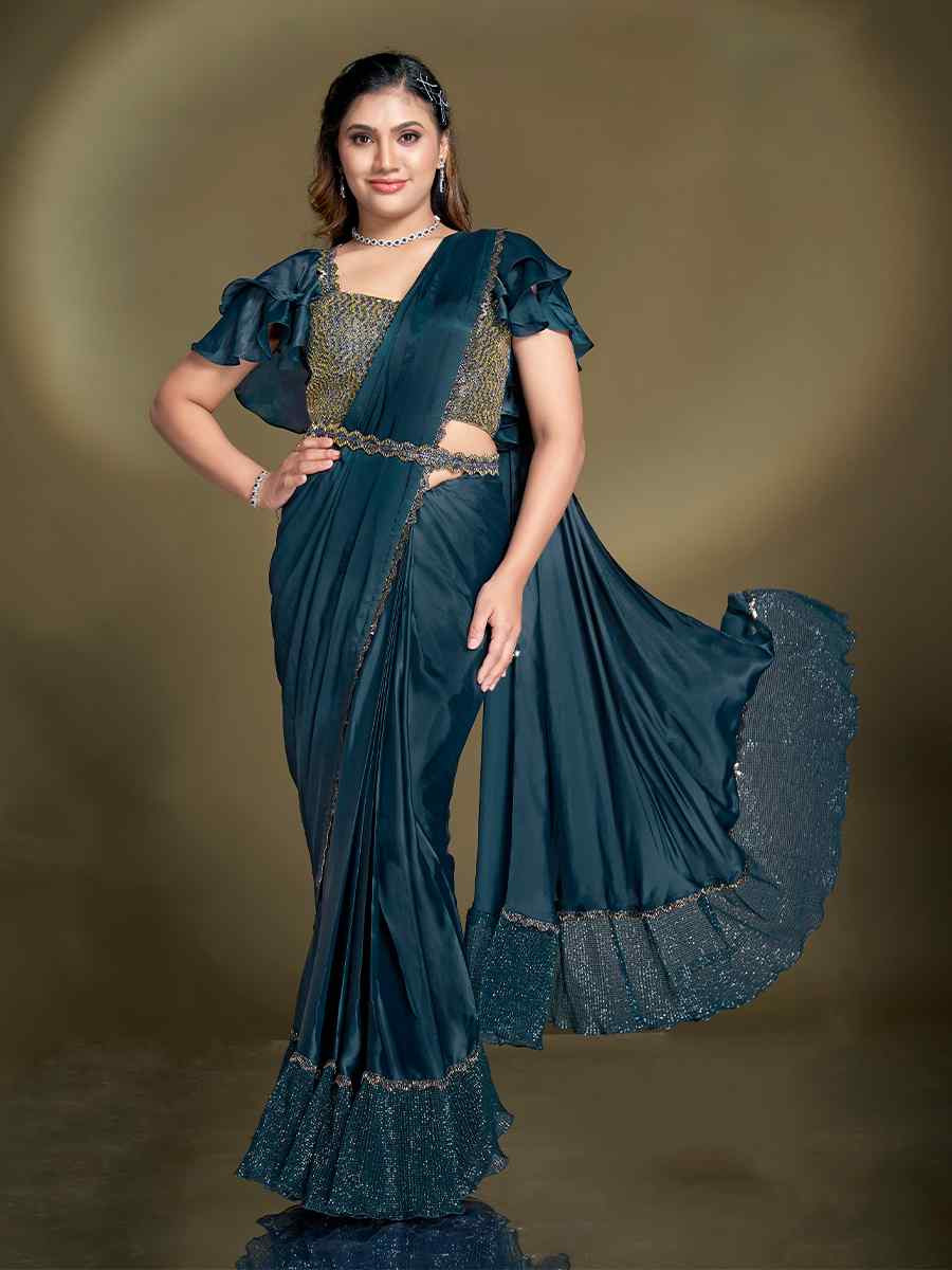 Teal Blue Silk Embroidered Festival Wedding Fancy Heavy Border Saree
