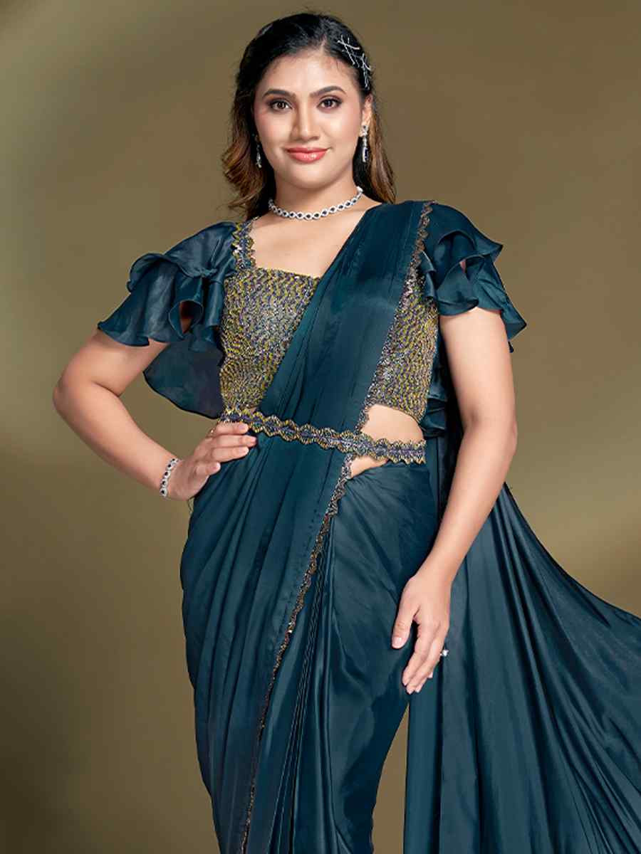 Teal Blue Silk Embroidered Festival Wedding Fancy Heavy Border Saree