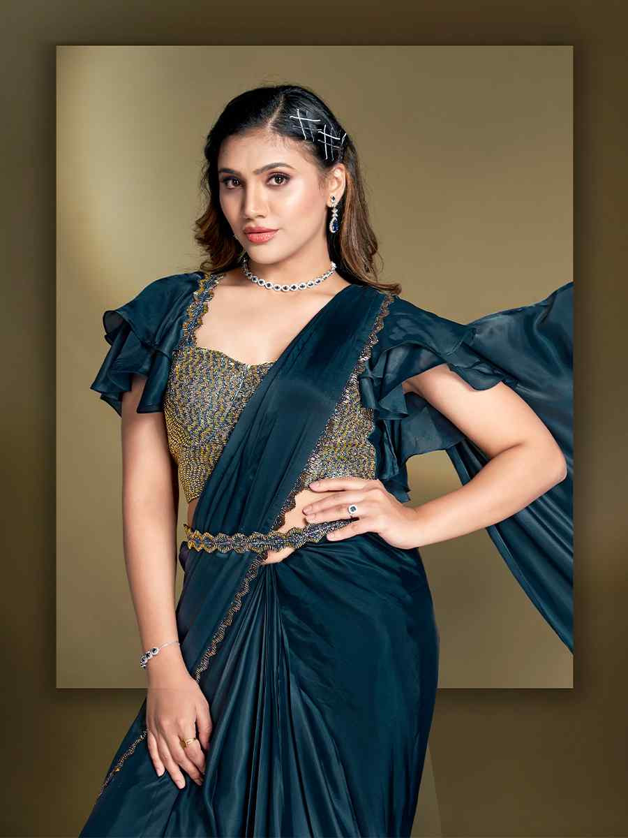 Teal Blue Silk Embroidered Festival Wedding Fancy Heavy Border Saree