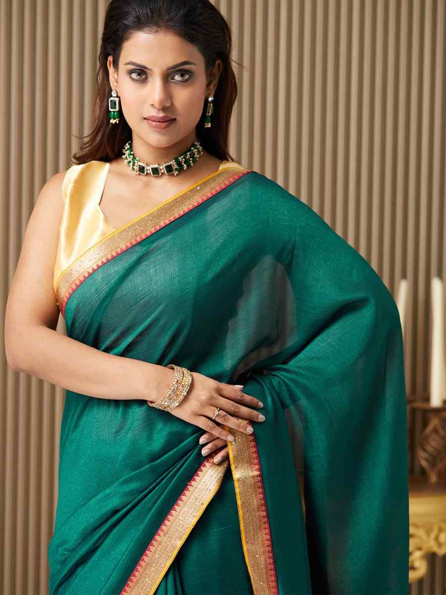 Teal Blue Silk Embroidered Festival Wedding Fancy Heavy Border Saree