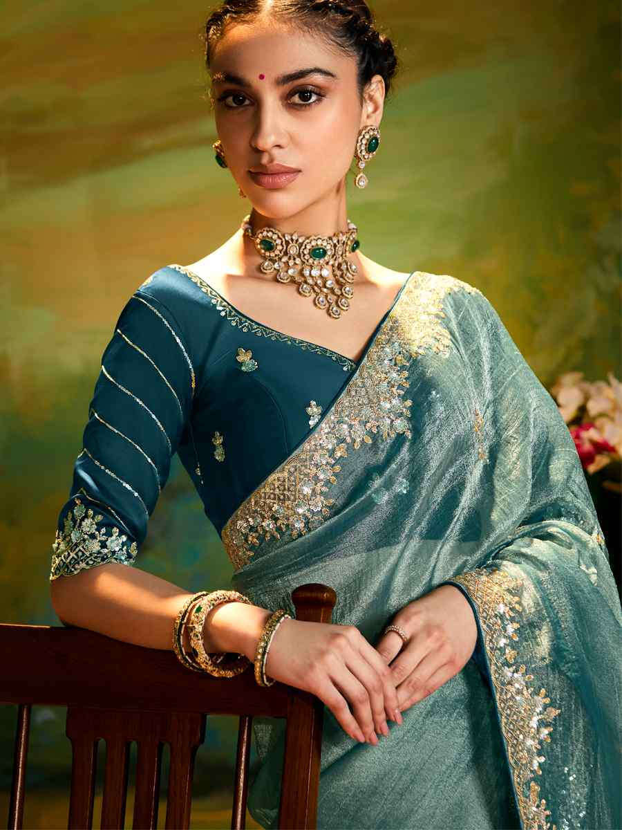 Teal Blue Silk Embroidered Festival Wedding Fancy Heavy Border Saree