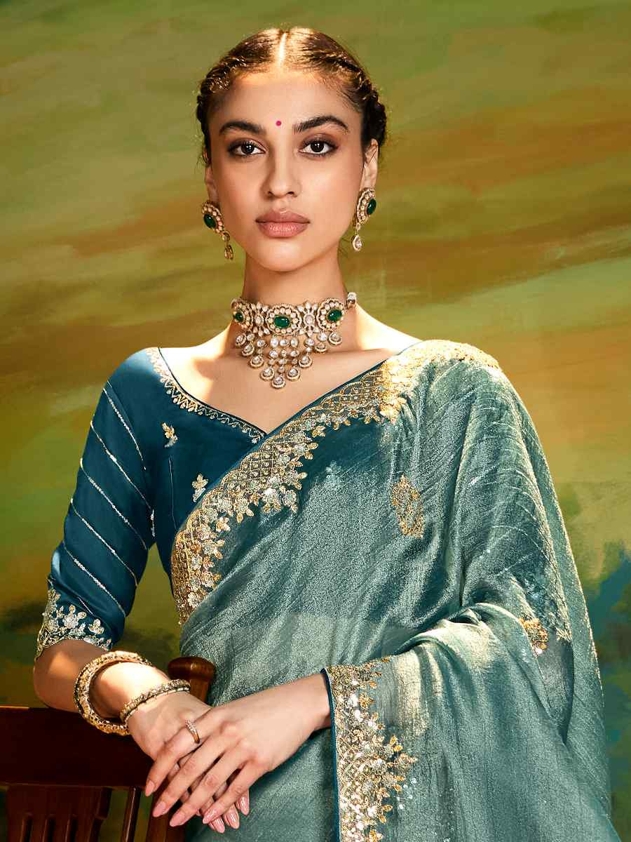 Teal Blue Silk Embroidered Festival Wedding Fancy Heavy Border Saree