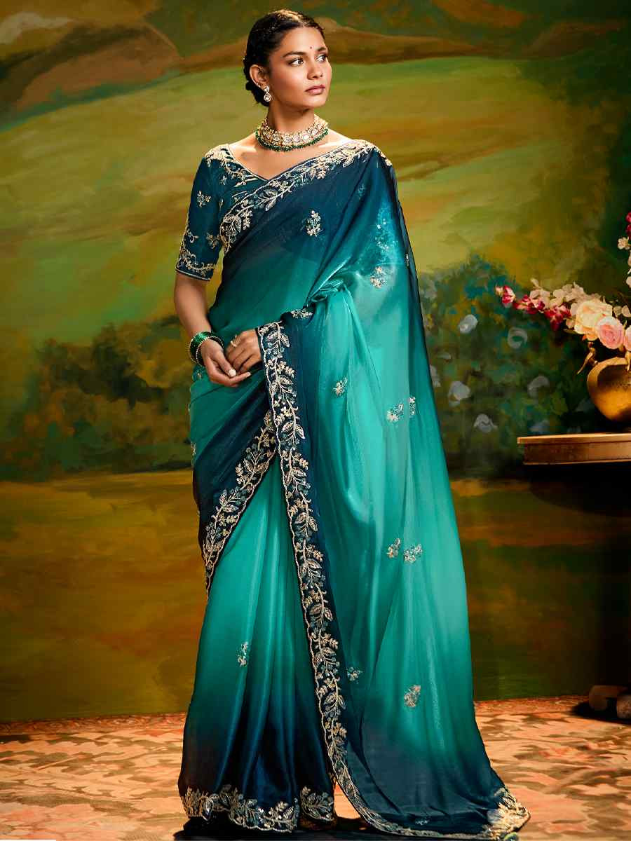 Teal Blue Silk Embroidered Festival Wedding Fancy Heavy Border Saree