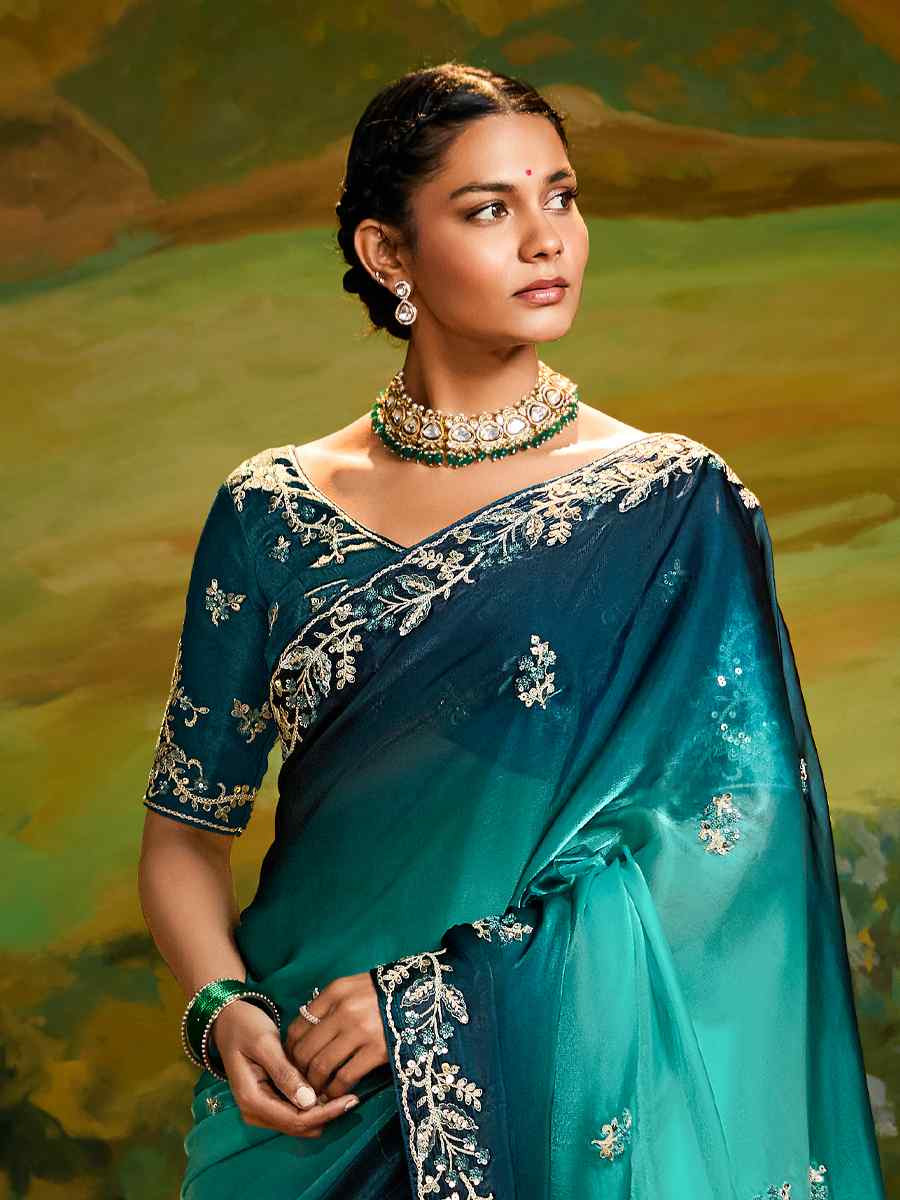 Teal Blue Silk Embroidered Festival Wedding Fancy Heavy Border Saree