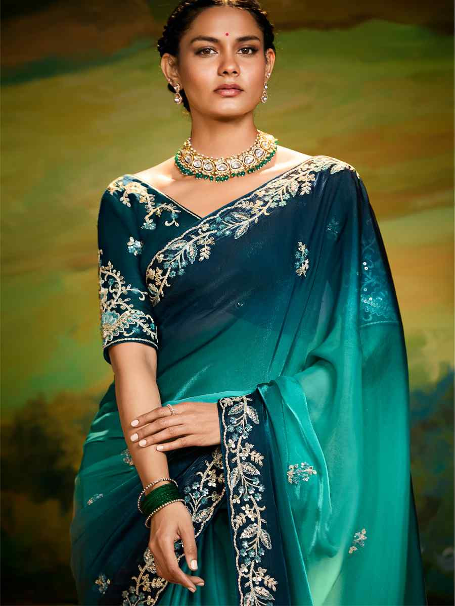 Teal Blue Silk Embroidered Festival Wedding Fancy Heavy Border Saree