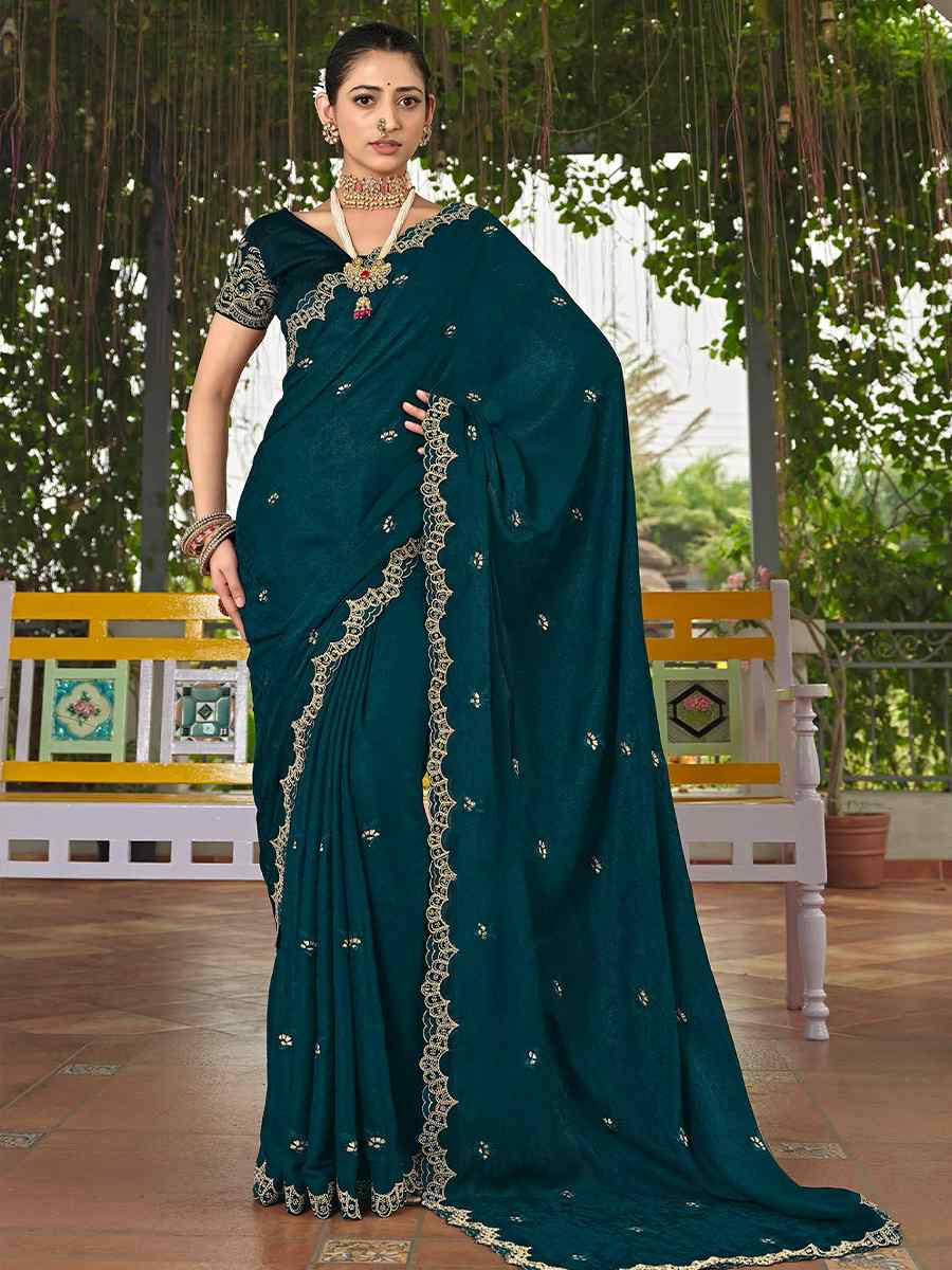 Teal Blue Silk Embroidered Festival Wedding Fancy Heavy Border Saree