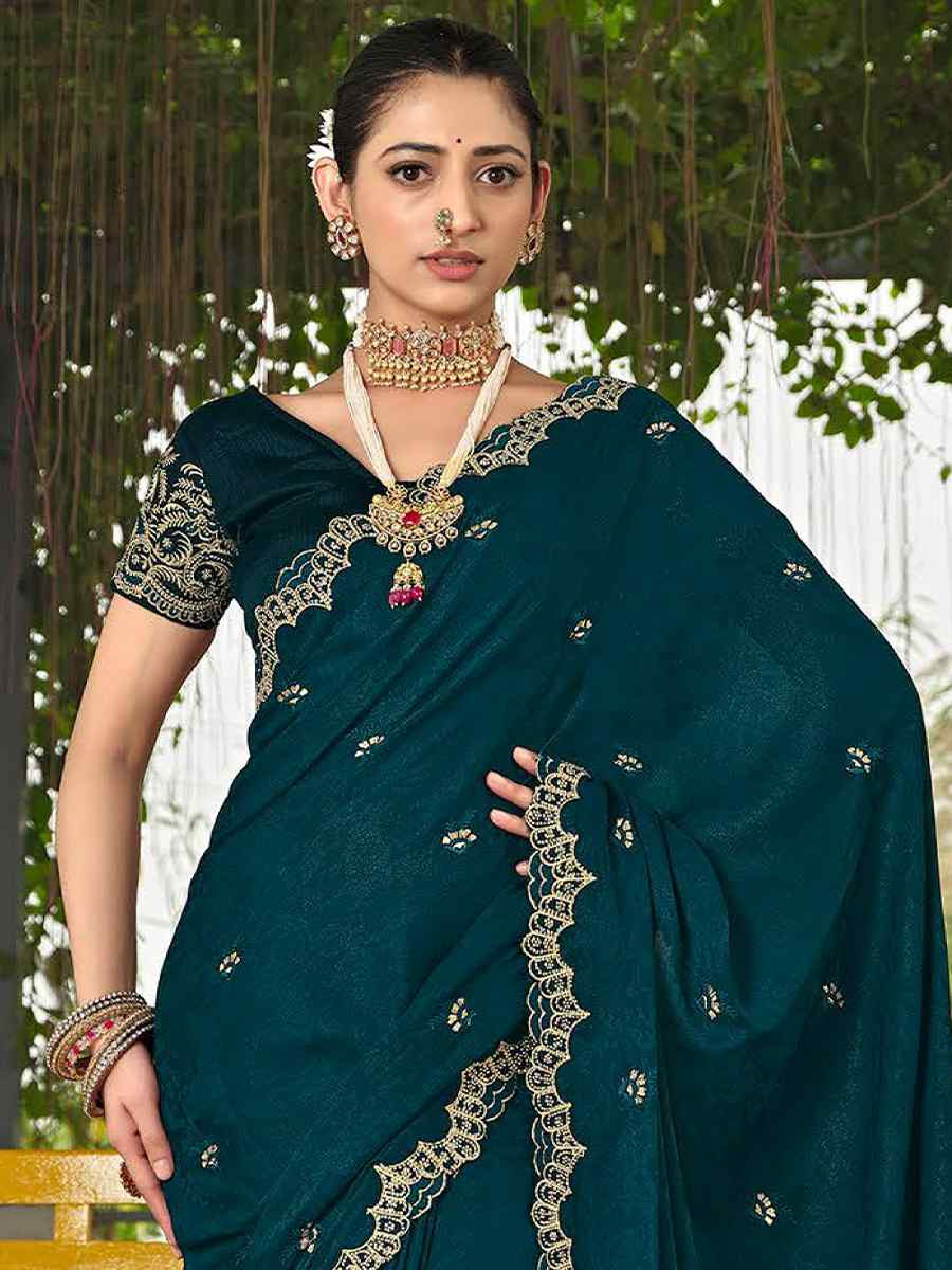 Teal Blue Silk Embroidered Festival Wedding Fancy Heavy Border Saree