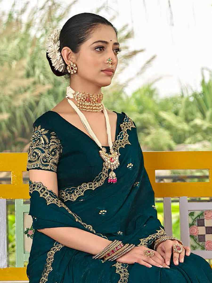 Teal Blue Silk Embroidered Festival Wedding Fancy Heavy Border Saree