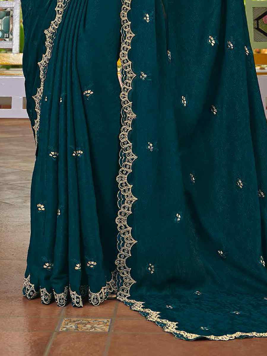 Teal Blue Silk Embroidered Festival Wedding Fancy Heavy Border Saree