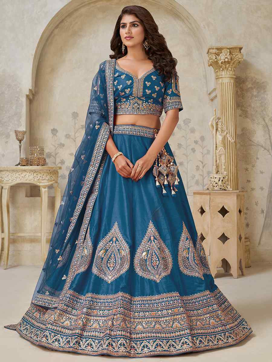 Teal Blue Silk Embroidered Wedding Reception Festival Heavy Border Lehenga Choli