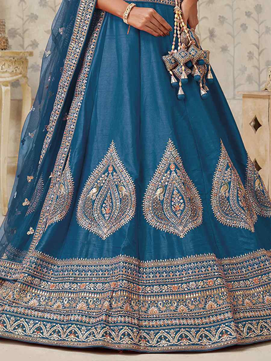 Teal Blue Silk Embroidered Wedding Reception Festival Heavy Border Lehenga Choli
