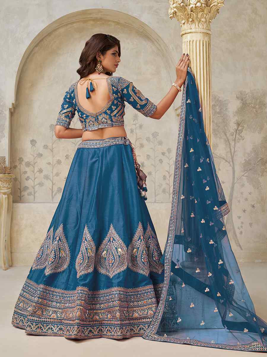 Teal Blue Silk Embroidered Wedding Reception Festival Heavy Border Lehenga Choli
