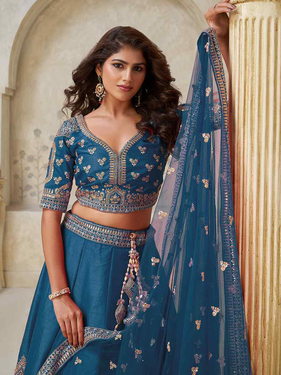 Teal Blue Silk Embroidered Wedding Reception Festival Heavy Border Lehenga Choli