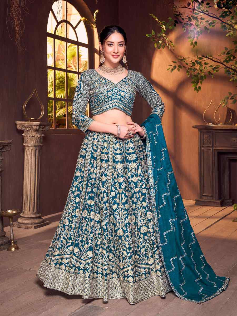Teal Blue Silk Embroidered Wedding Reception Festival Ready Heavy Border Lehenga Choli