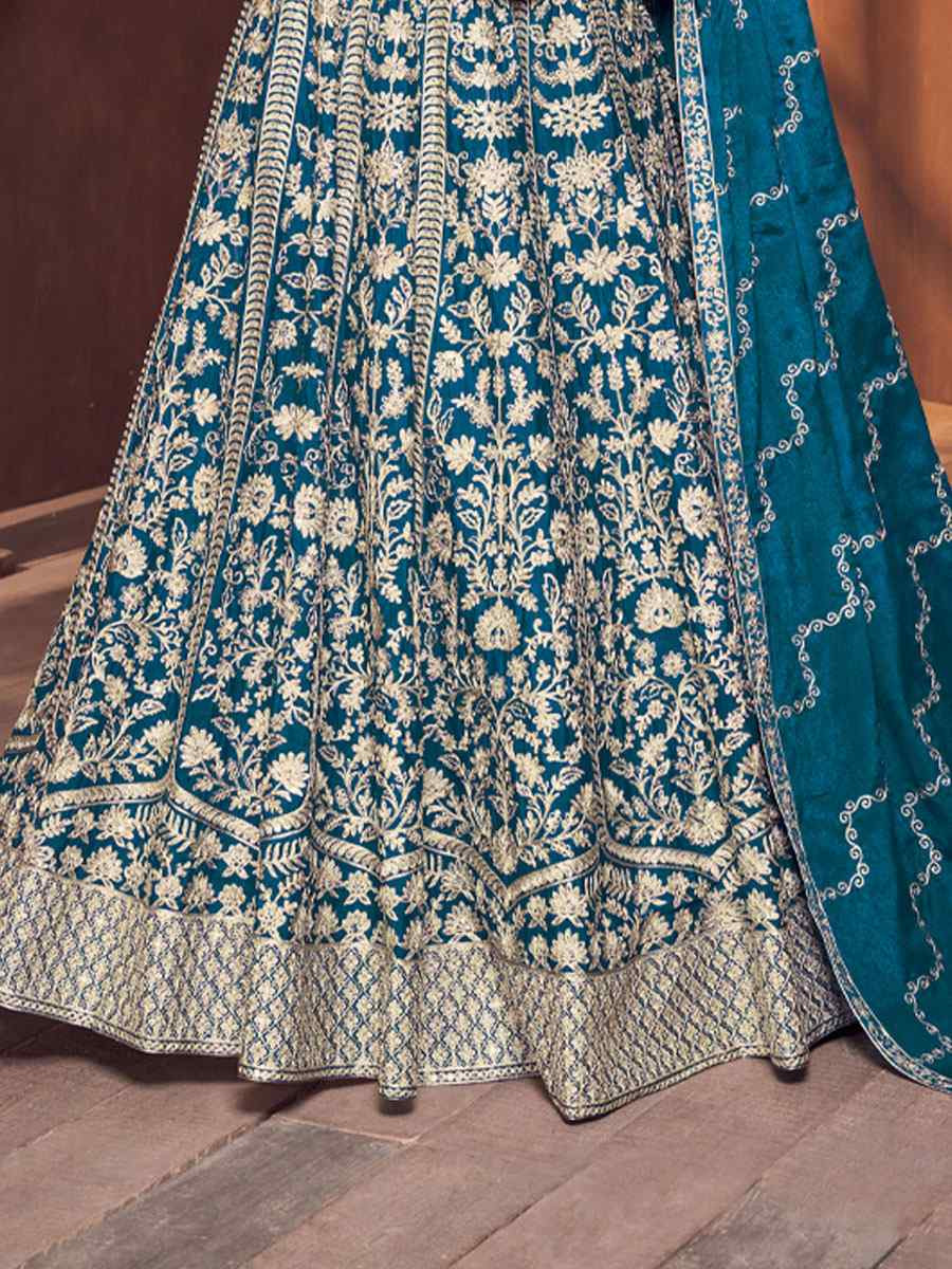 Teal Blue Silk Embroidered Wedding Reception Festival Ready Heavy Border Lehenga Choli