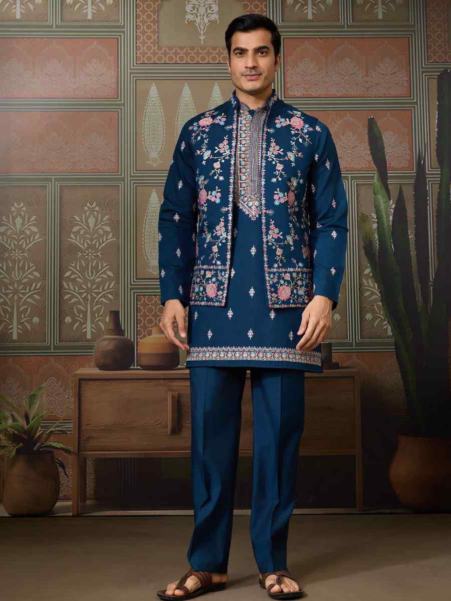 Teal Blue Silk Embroidery Festival Wedding Party Mens Kurta with Jacket