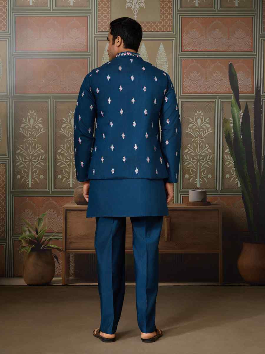 Teal Blue Silk Embroidery Festival Wedding Party Mens Kurta with Jacket