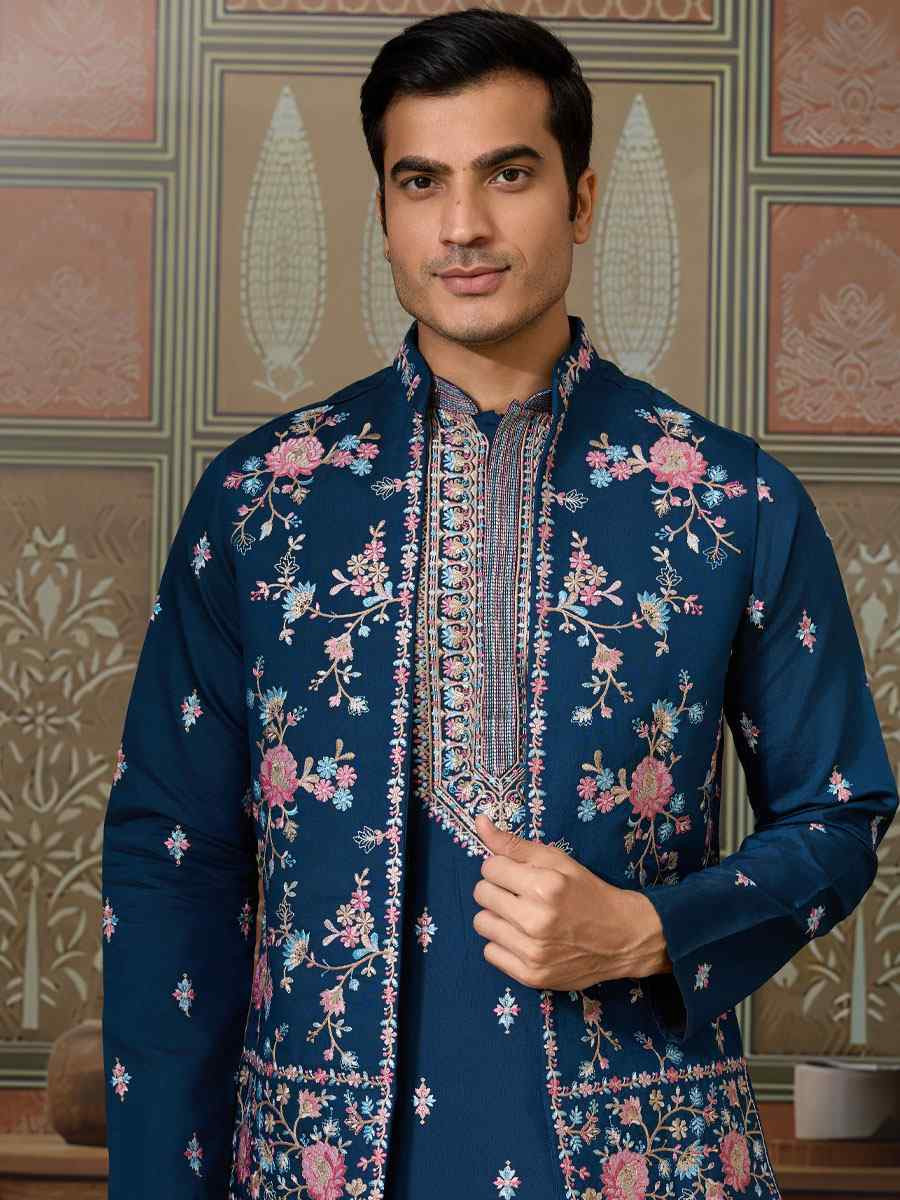 Teal Blue Silk Embroidery Festival Wedding Party Mens Kurta with Jacket